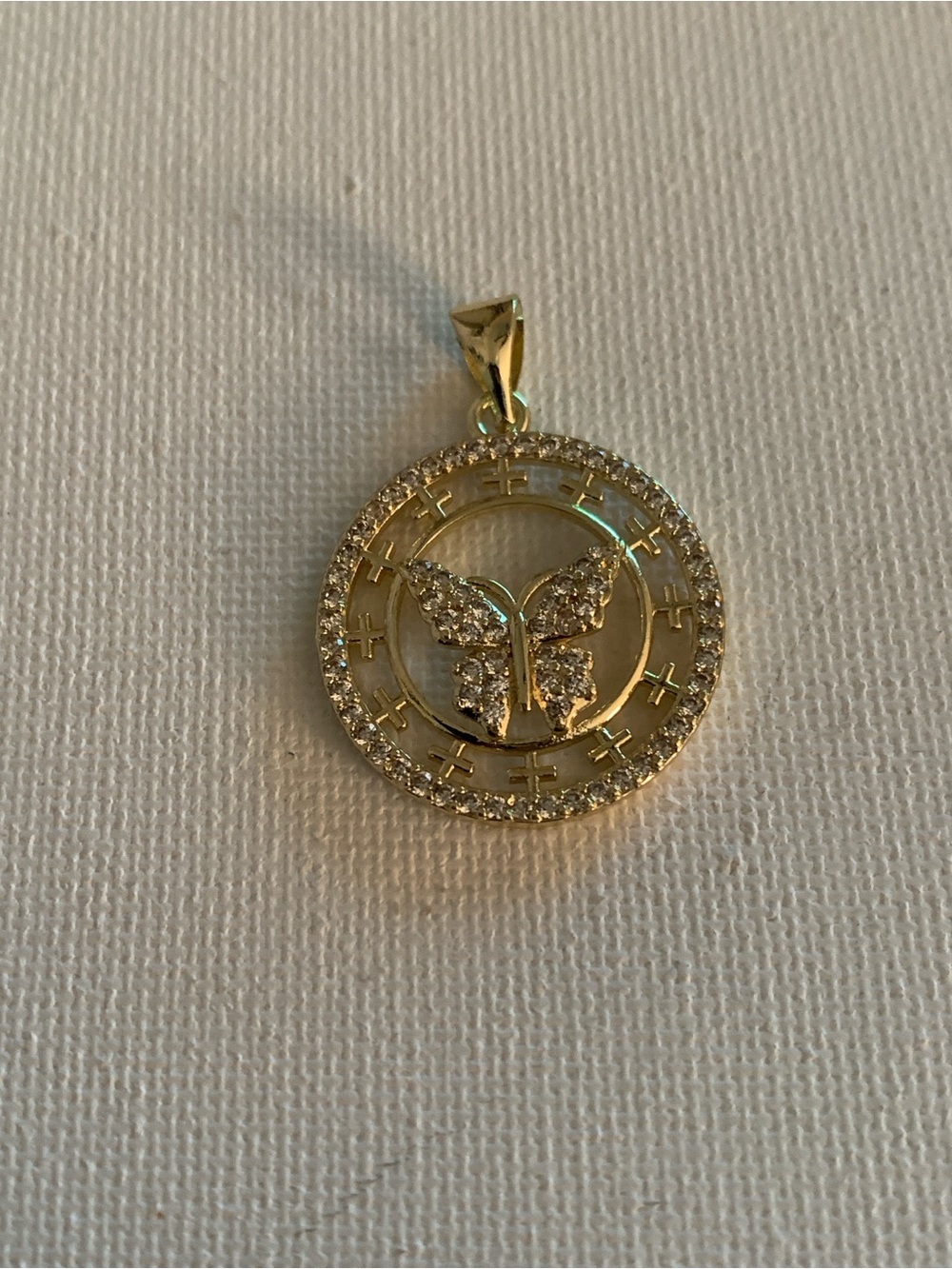 Gold Butterfly Pavé Circle Pendant Necklace